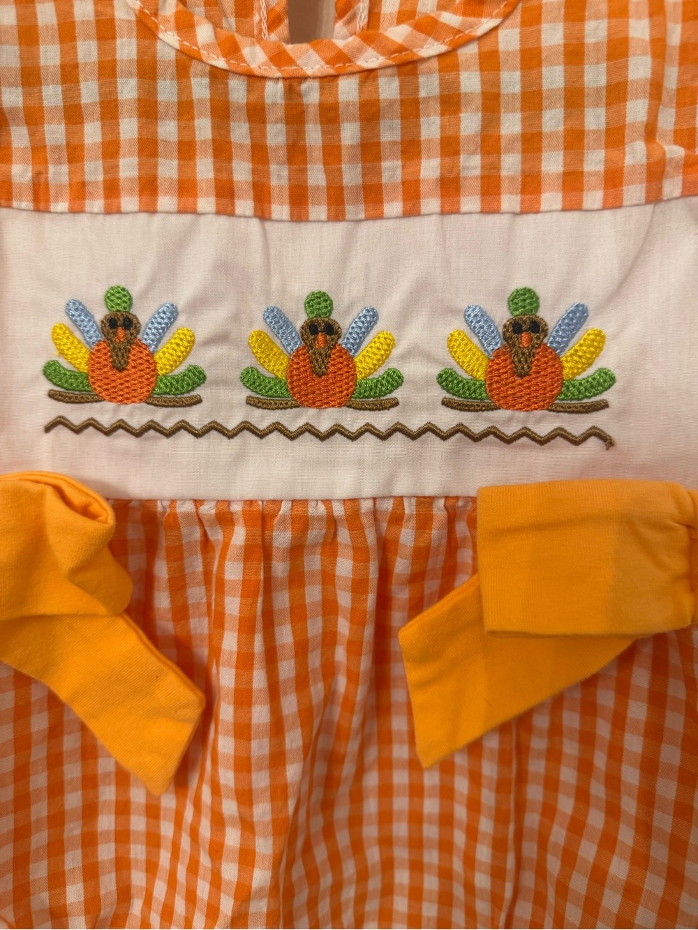 Orange Gingham Baby Romper with Turkey Embroidery - Picture 2 of 5